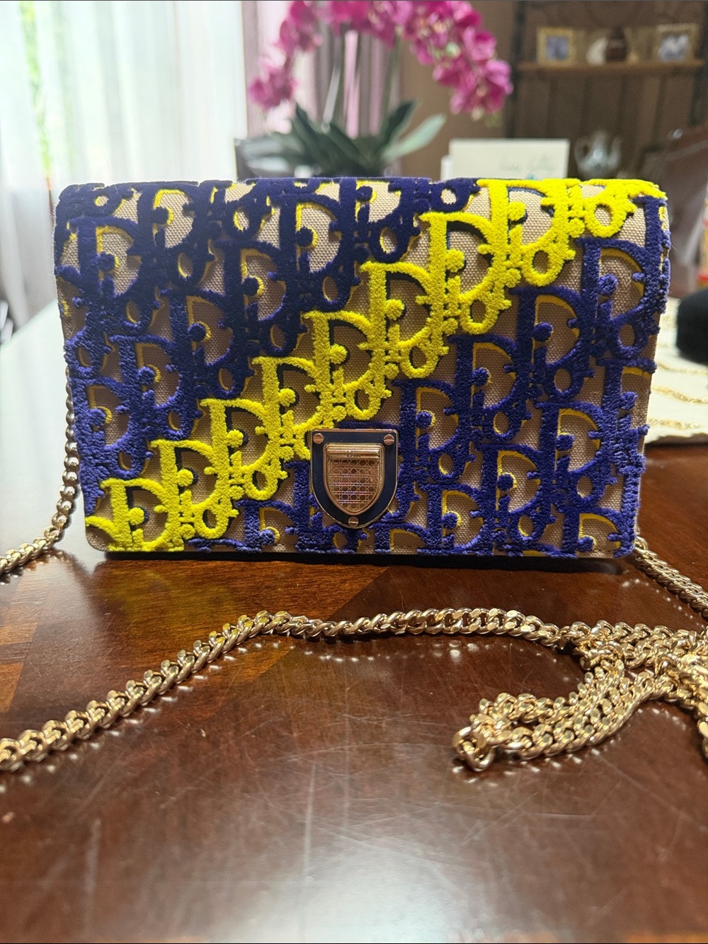 Dior 3D Limited Edition Blue and Yellow Oblique Embroidered Chain Crossbody